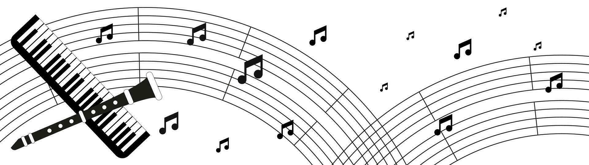 vettore grafico lungo sfondo o bandiera con musicale strumenti, Appunti, pianoforte e clarinetto, isolato su un' bianca sfondo.