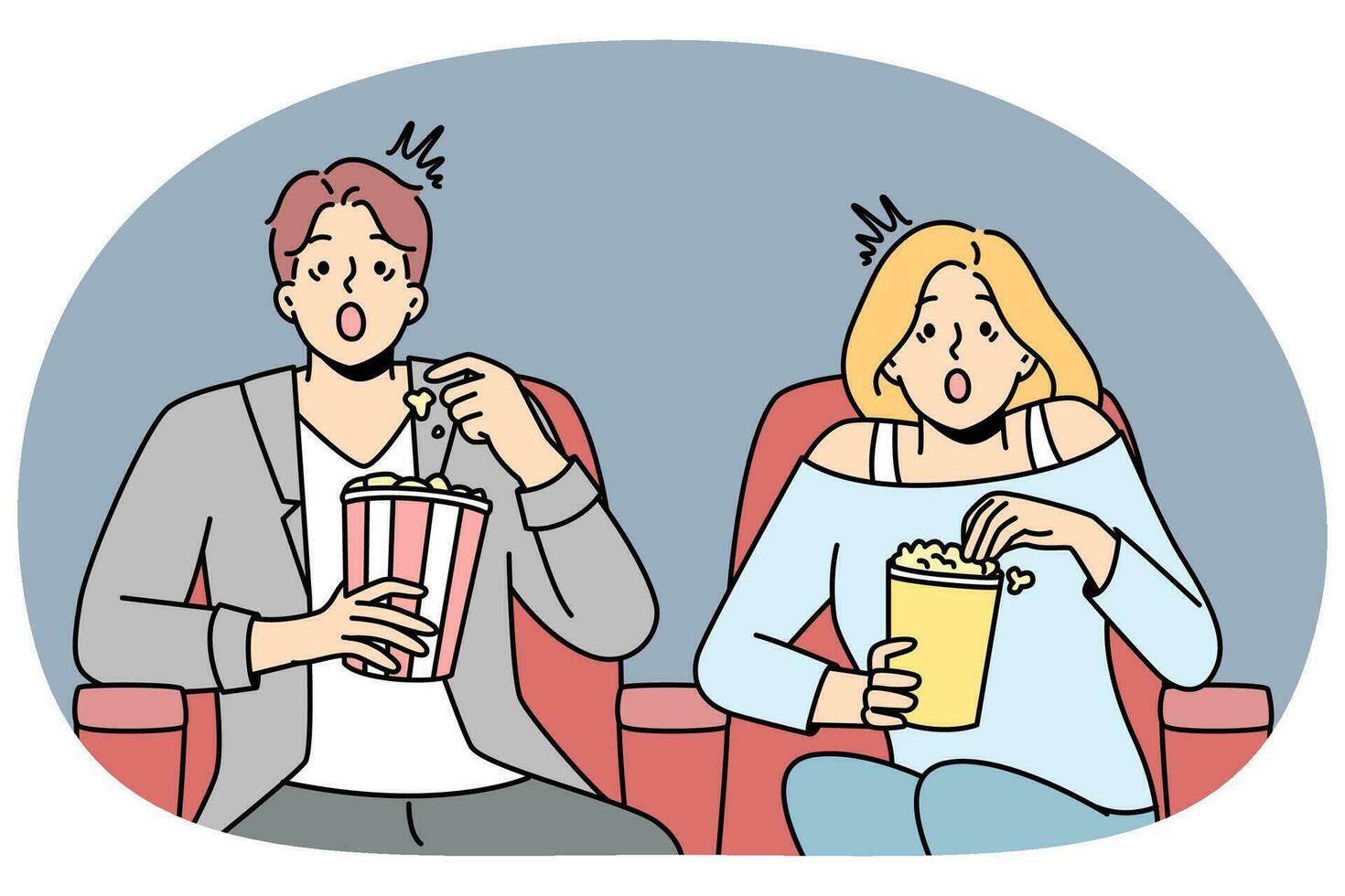 coppia mangiare Popcorn godere film nel cinema. emotivo uomo e donna sentire stordito con film nel Teatro. divertimento e fine settimana. vettore illustrazione.