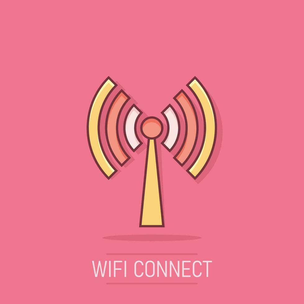 Wi-Fi Internet icona nel comico stile. Wi-Fi senza fili tecnologia vettore cartone animato illustrazione pittogramma. Rete Wi-Fi attività commerciale concetto spruzzo effetto.