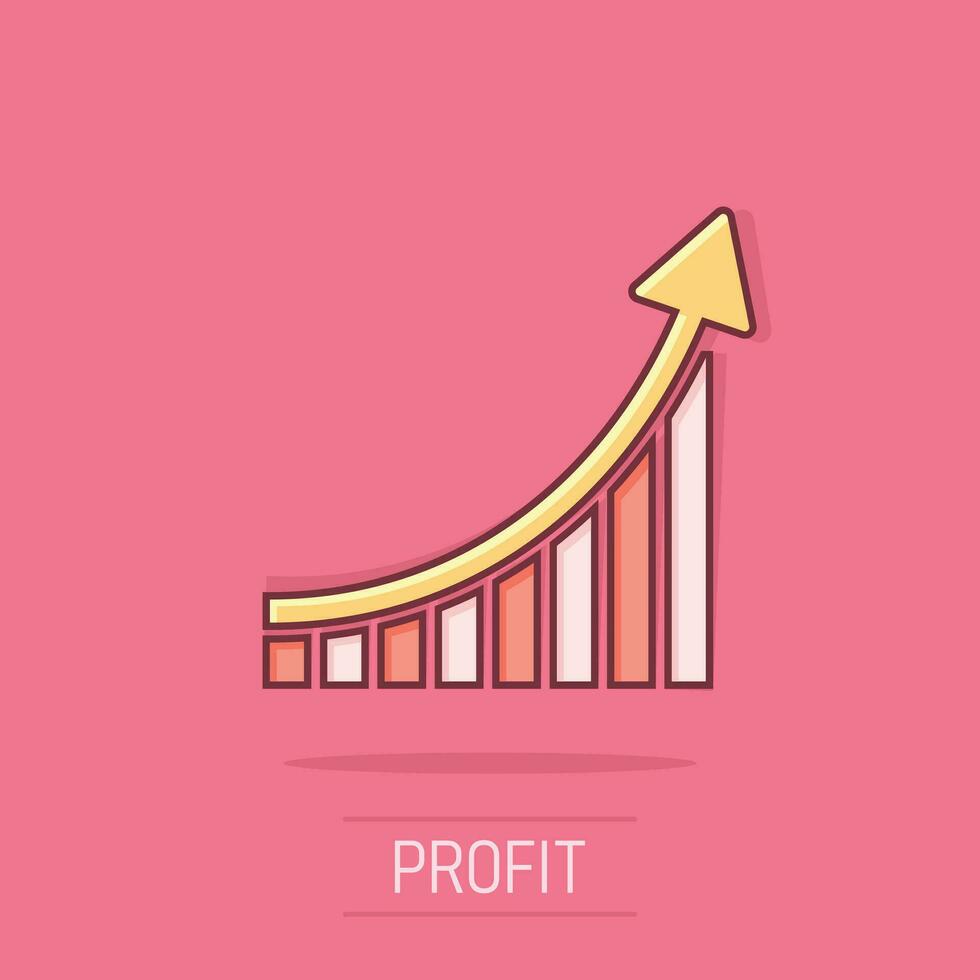in crescita bar grafico icona nel comico stile. aumentare freccia vettore cartone animato illustrazione pittogramma. Infografica progresso attività commerciale concetto spruzzo effetto.
