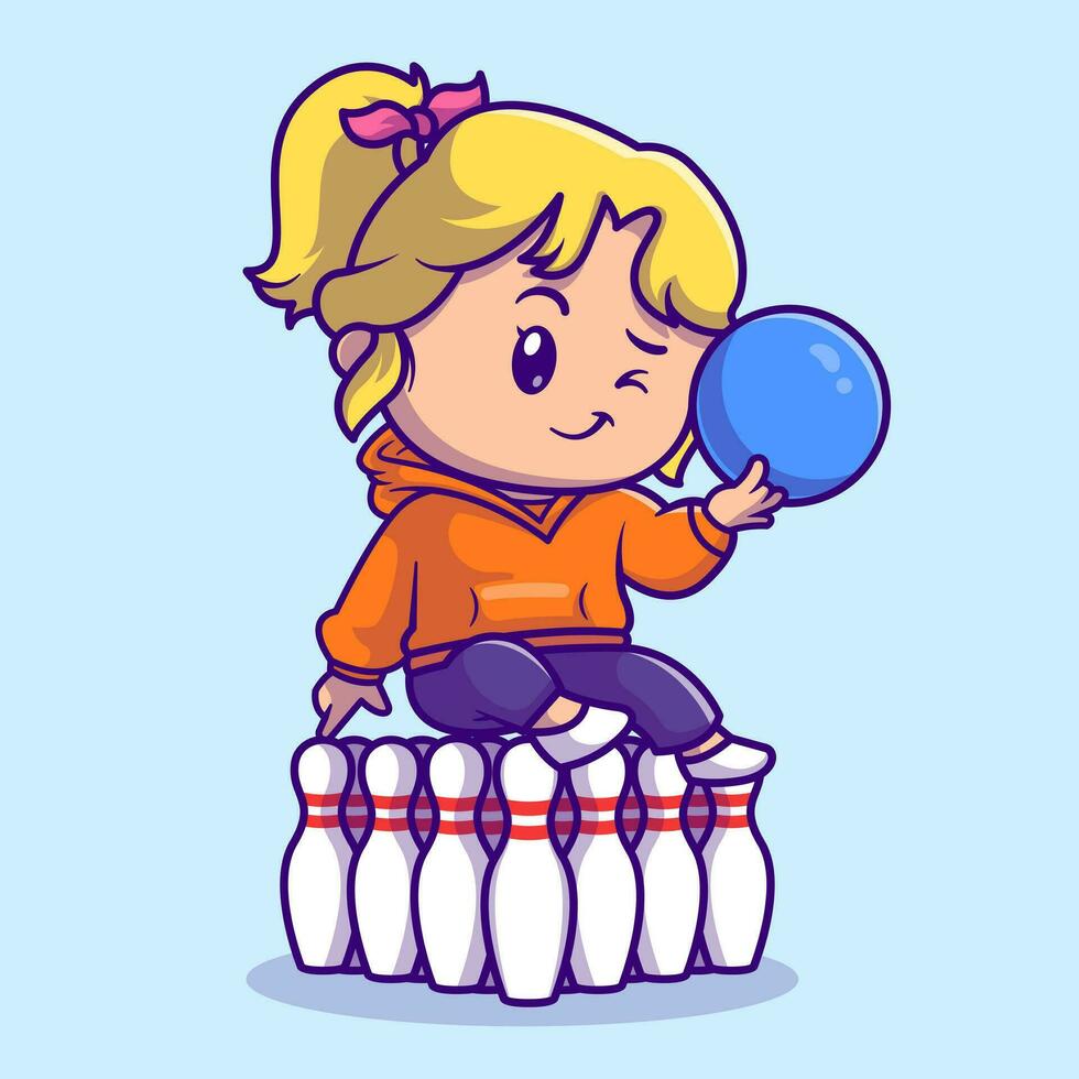 carino ragazza giocando bowling cartone animato vettore icona illustrazione. persone sport icona concetto isolato premio vettore. piatto cartone animato stile