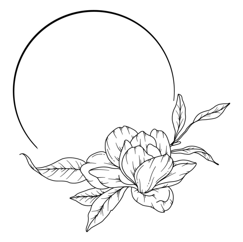 magnolia linea disegno. nero e bianca floreale cornici. floreale linea arte. bene linea magnolia illustrazione. mano disegnato schema fiori. botanico colorazione pagina. nozze invito fiori vettore