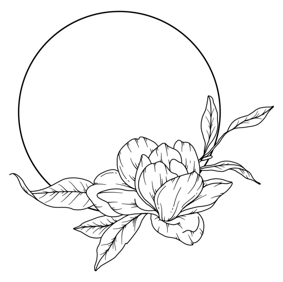 magnolia linea disegno. nero e bianca floreale cornici. floreale linea arte. bene linea magnolia illustrazione. mano disegnato schema fiori. botanico colorazione pagina. nozze invito fiori vettore