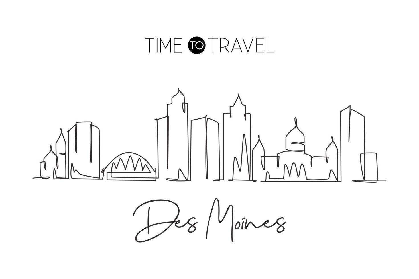 disegno a linea continua dello skyline della città di des moines, iowa. famoso paesaggio del raschietto della città. concetto di stampa di poster di arte della decorazione della parete della casa di viaggio del mondo. illustrazione vettoriale di design moderno a una linea di disegno