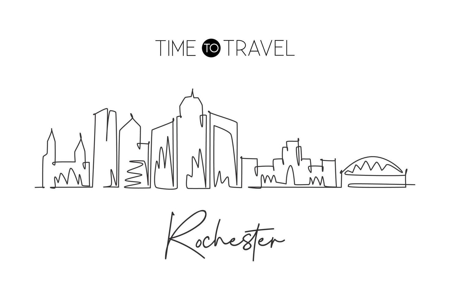 un disegno a tratteggio continuo skyline della città di rochester, stato di new york. bellissimo punto di riferimento. poster di decorazione della parete di viaggio del turismo del paesaggio del mondo, cartolina. illustrazione vettoriale di design a linea singola elegante