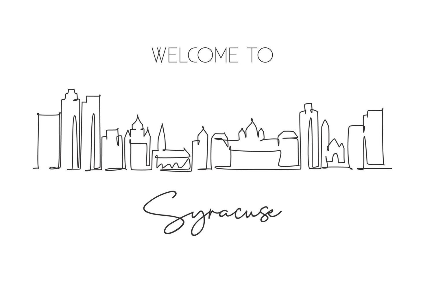 singolo disegno a linea continua skyline di siracusa, stato di new york. famoso paesaggio del raschietto della città. concetto di stampa di poster di arte della decorazione della parete della casa di viaggio del mondo. illustrazione vettoriale di design moderno a una linea di disegno