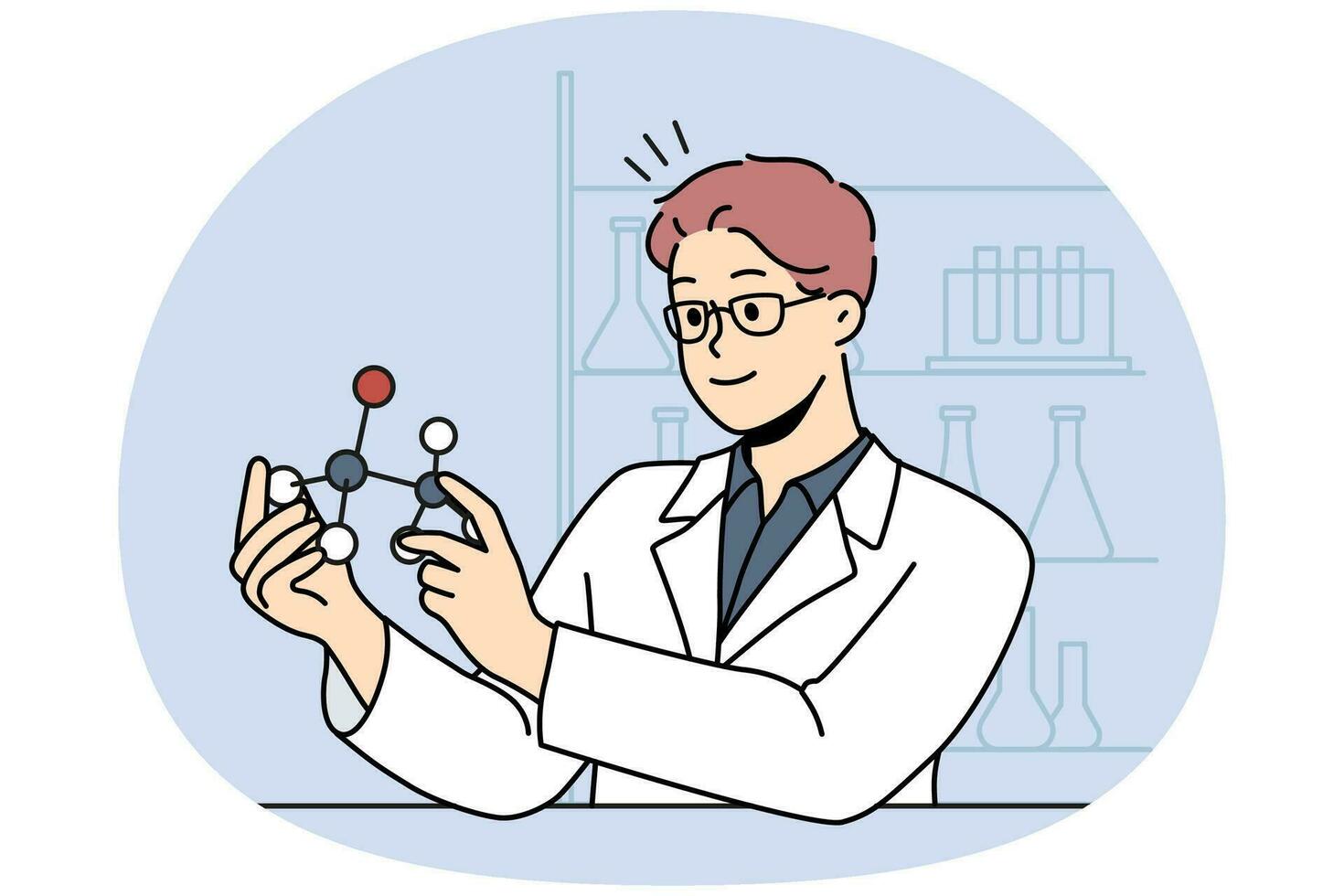 sorridente maschio scienziato Lavorando con atomo modello nel laboratorio. contento uomo ricercatore nel uniforme occupato nel laboratorio. scienza e biotecnologia. vettore illustrazione.