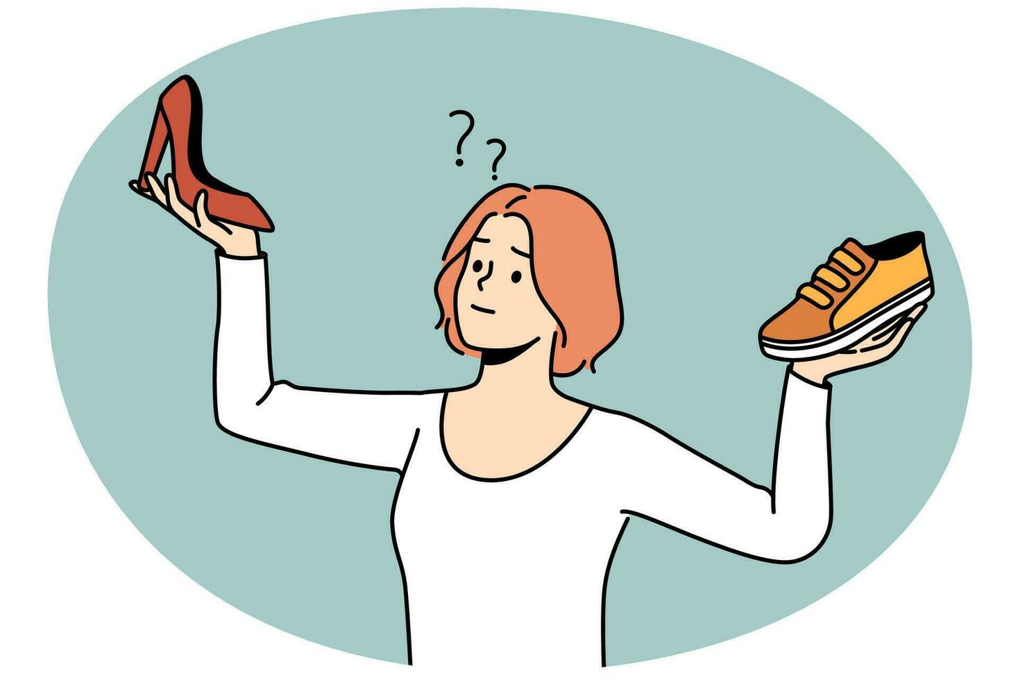 confuso giovane donna la scelta fra diverso scarpe tipi. frustrato ragazza rendere scelta fra scarpe da ginnastica e tacchi. moda e stile. vettore illustrazione.
