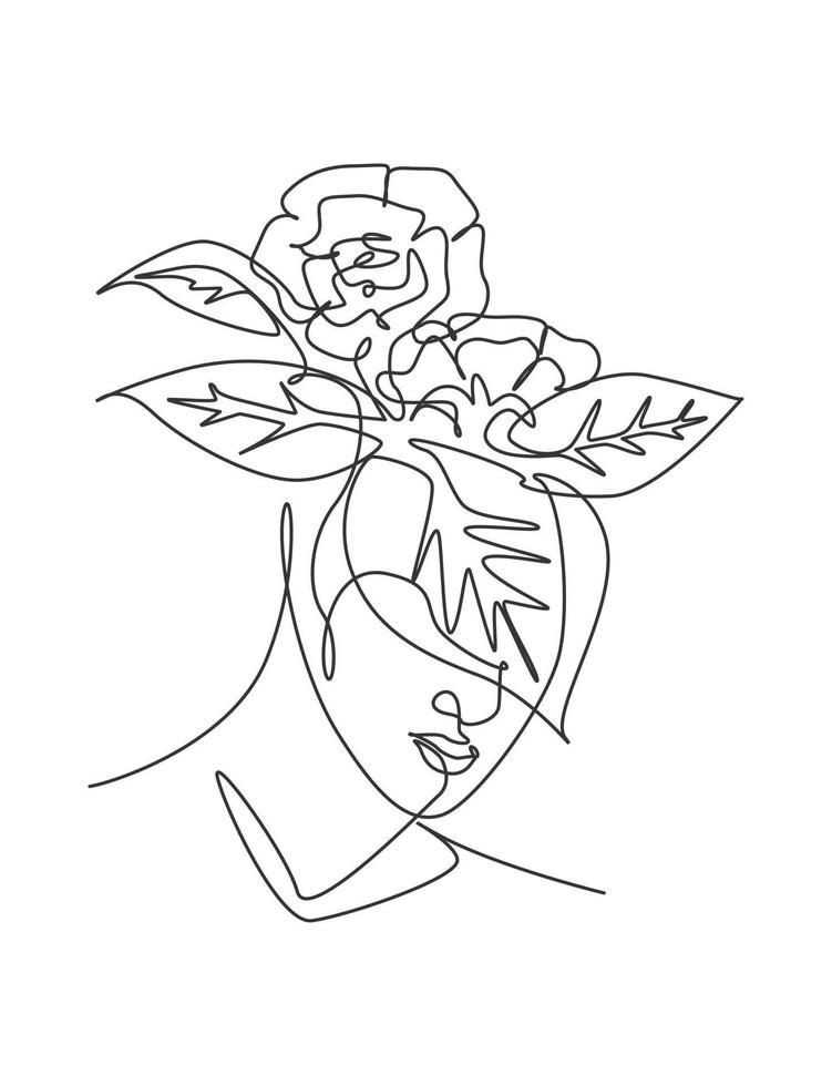 singolo disegno a linea continua ritratto della natura minimalista. concetto di testa di bouquet di fiori. stampa astratta del fronte del salone cosmetico floreale di bellezza. illustrazione grafica vettoriale di design a una linea d'arte alla moda