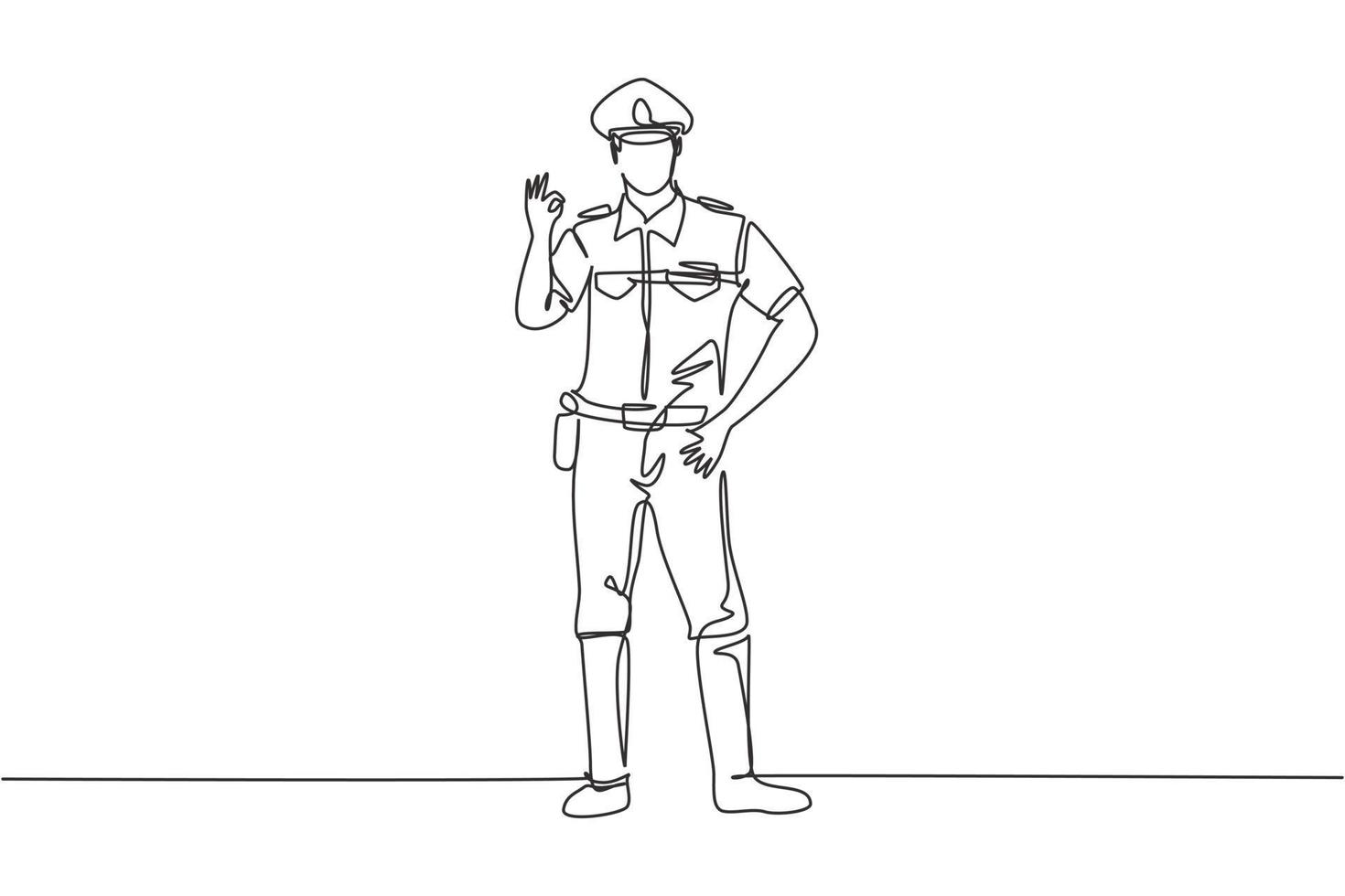 poliziotto di disegno continuo a una linea in piedi con il gesto va bene e l'uniforme completa lavora per controllare il traffico veicolare sull'autostrada. attesa di pattuglia. illustrazione grafica vettoriale di disegno di disegno a linea singola