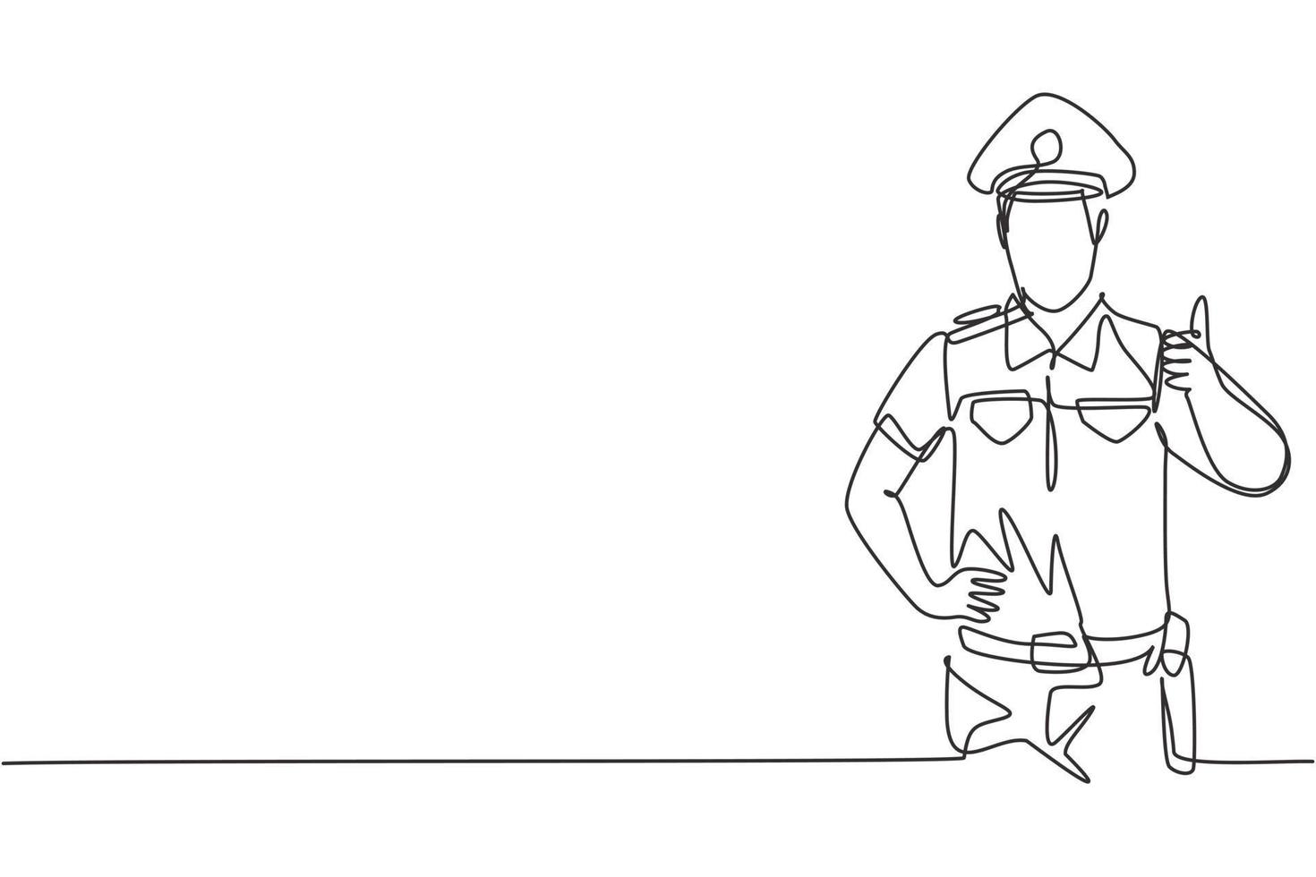 continua una linea che disegna il poliziotto con un gesto di pollice alzato e in alta uniforme è pronto a far rispettare la disciplina del traffico in autostrada. illustrazione grafica vettoriale di disegno a linea singola.