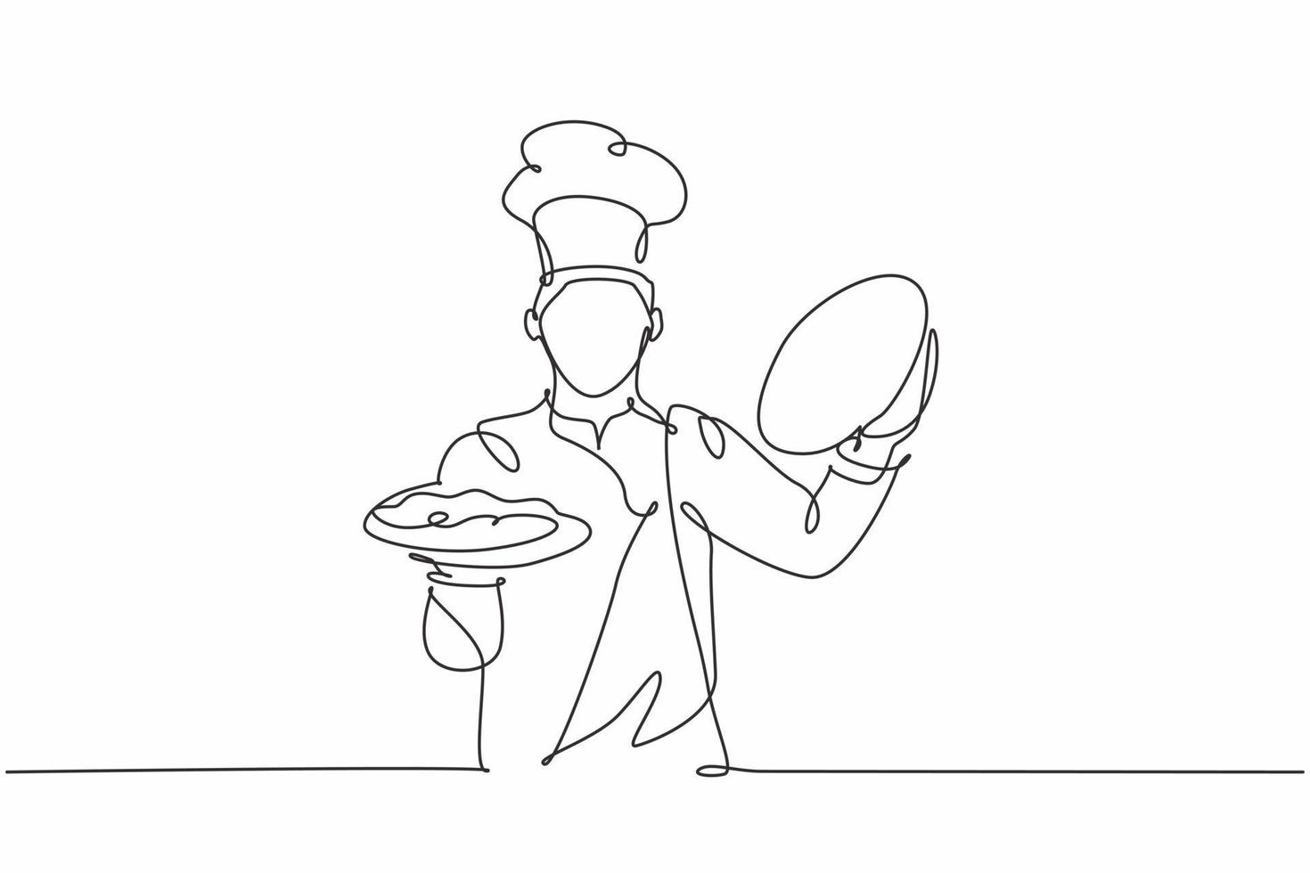 un disegno a linea continua di un giovane chef maschio bello che apre un vassoio a cloche per servire il piatto principale al cliente al ristorante dell'hotel. concetto di servizio eccellente illustrazione vettoriale di disegno a linea singola