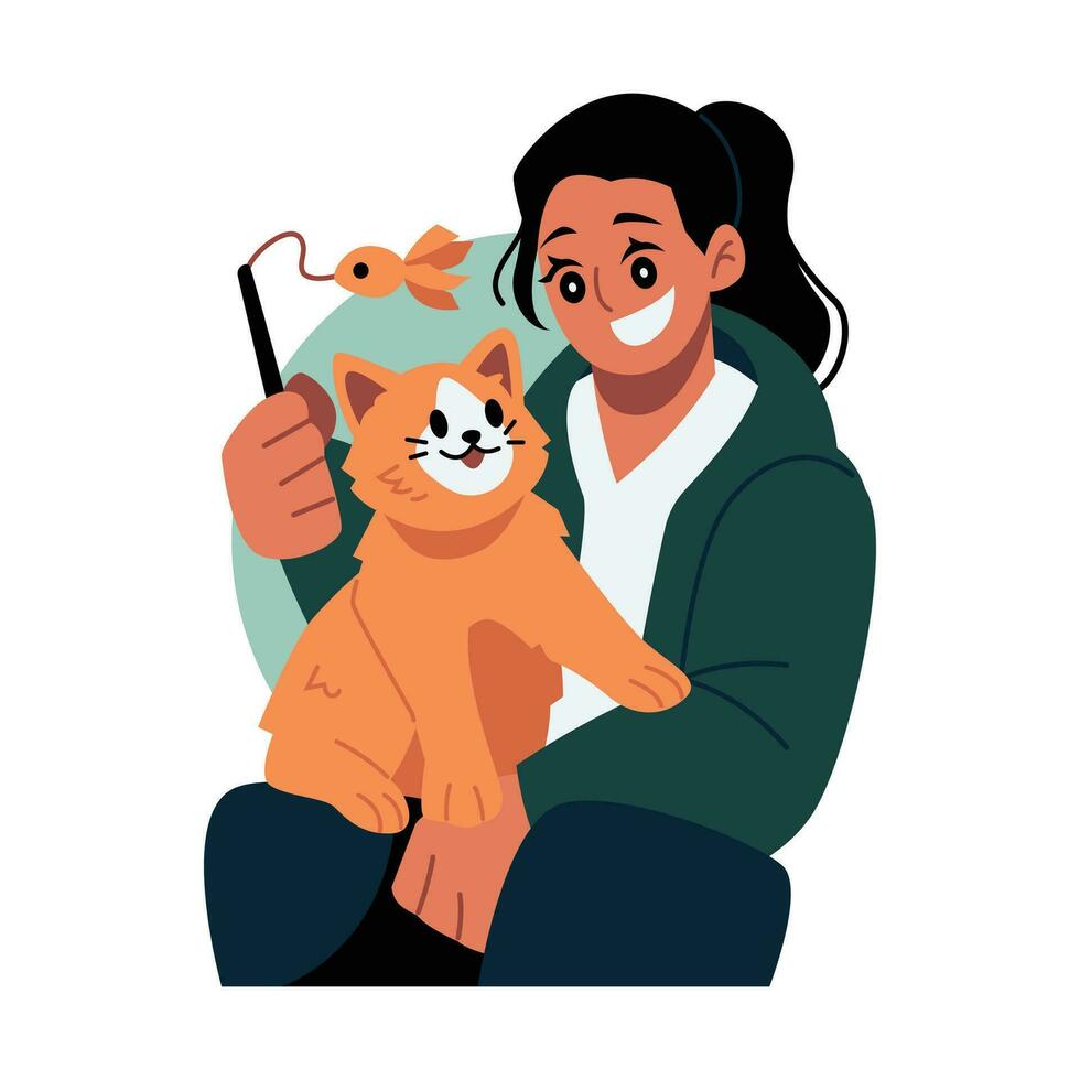 sorridente donna seduta e giocando con gatto vettore illustrazione nel piatto linea cartone animato stile