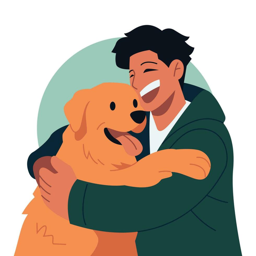 sorridente uomo abbracciare il suo cane piatto vettore illustrazione nel piatto linea cartone animato stile