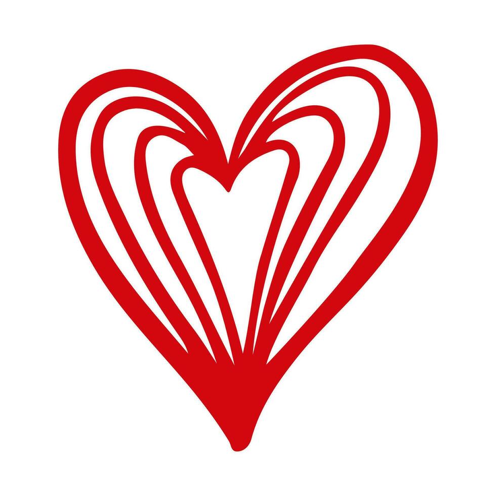 cuore rosso di San Valentino disegnato a mano di vettore isolato su priorità bassa bianca. stile di schizzo a forma di cuore di amore di doodle decorativo. icona del cuore dell'inchiostro dello scarabocchio per la progettazione di nozze, il confezionamento, i biglietti d'auguri e decorati