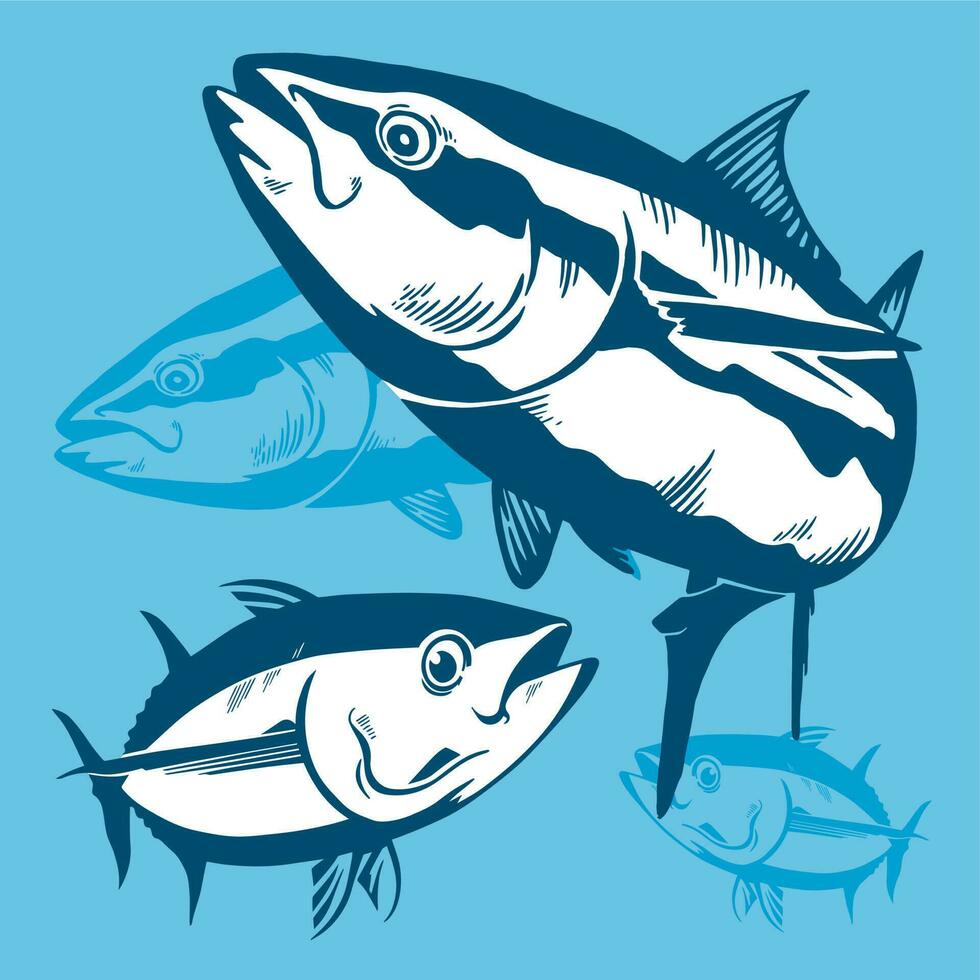 tonno pesce simbolo composizione su blu sfondo, vettore. sport pesca club, ristorante, in scatola, cibo logo, sfondo, sfondo... vettore