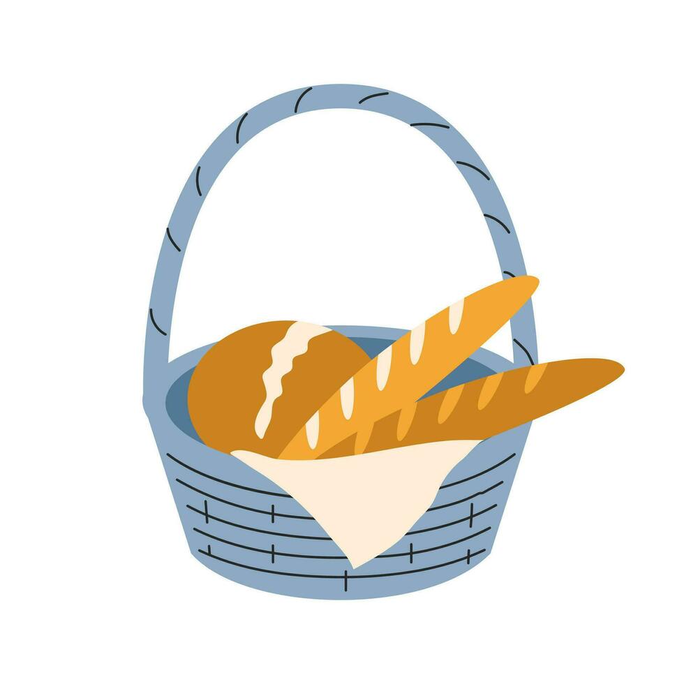 pasticcini, pane, baguette nel un' blu di vimini cestino. vettore, piatto, cartone animato illustrazione vettore