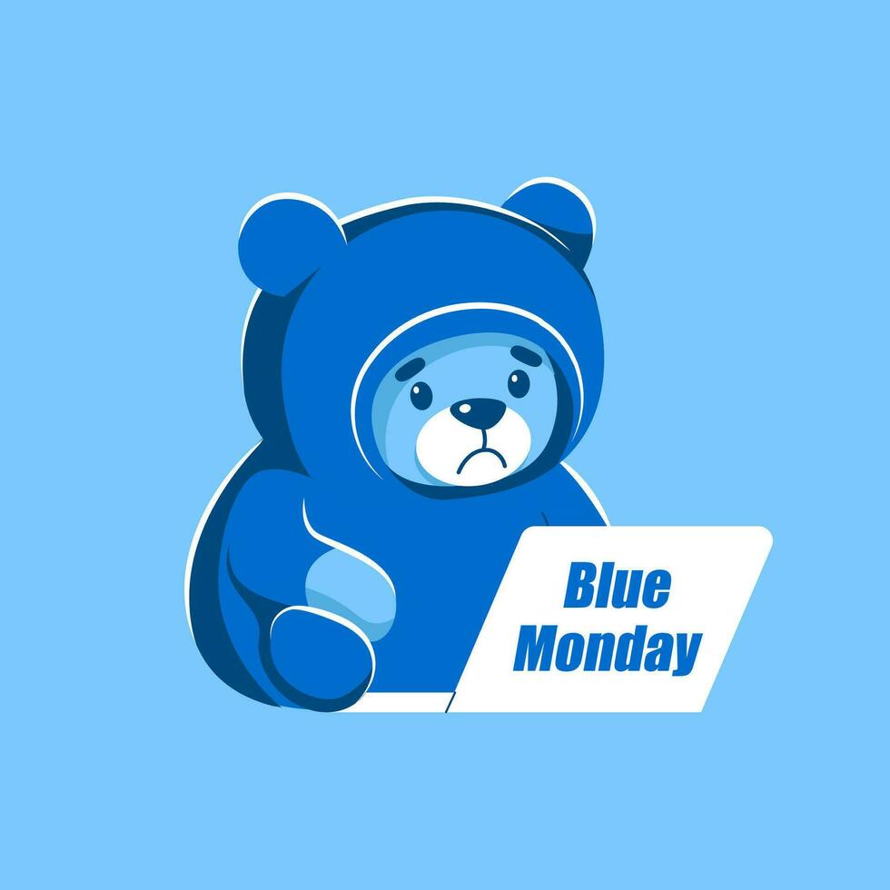 triste orsacchiotto orso è seduta nel davanti di un' il computer portatile. blu lunedì. cartone animato, piatto, vettore illustrazione
