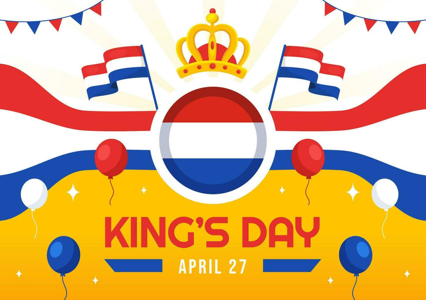 contento re Olanda giorno vettore illustrazione su 27 aprile con agitando bandiere e nastro nel re celebrazione piatto cartone animato sfondo design