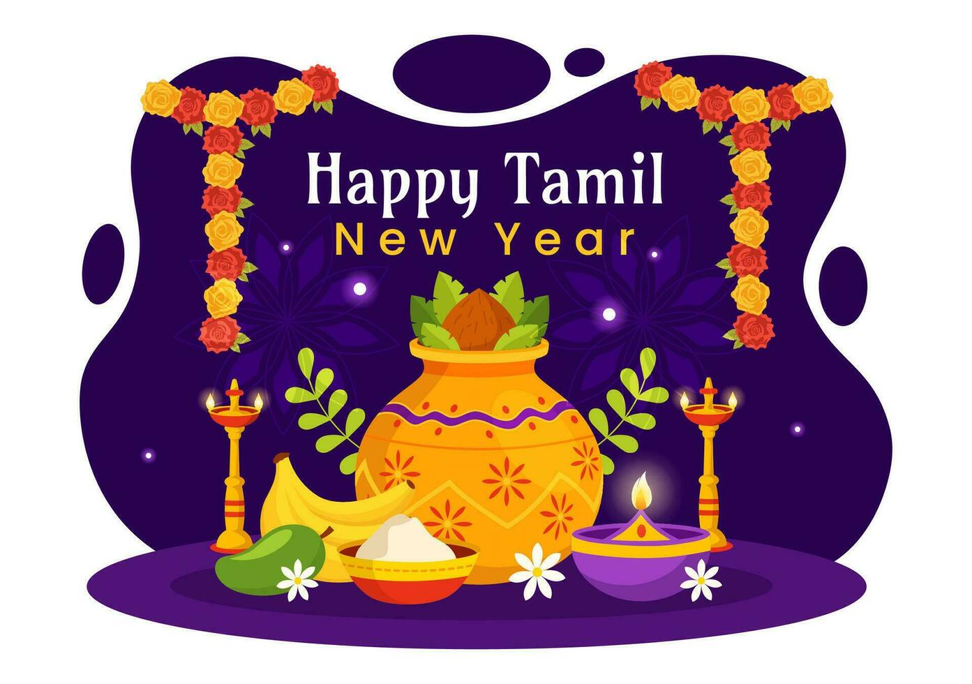 contento tamil nuovo anno vettore illustrazione con vishu fiori, noce di cocco, candela, pentole e indiano indù Festival nel piatto cartone animato sfondo design