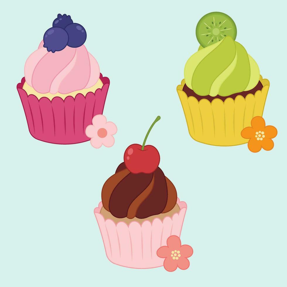 carino Cupcake disegni decorazione frutta vettore