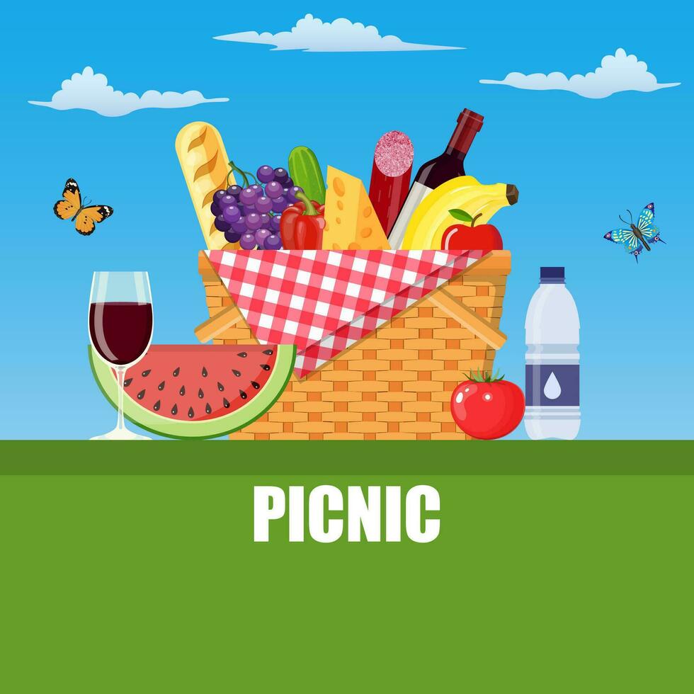 estate picnic concetto con cestino, vettore
