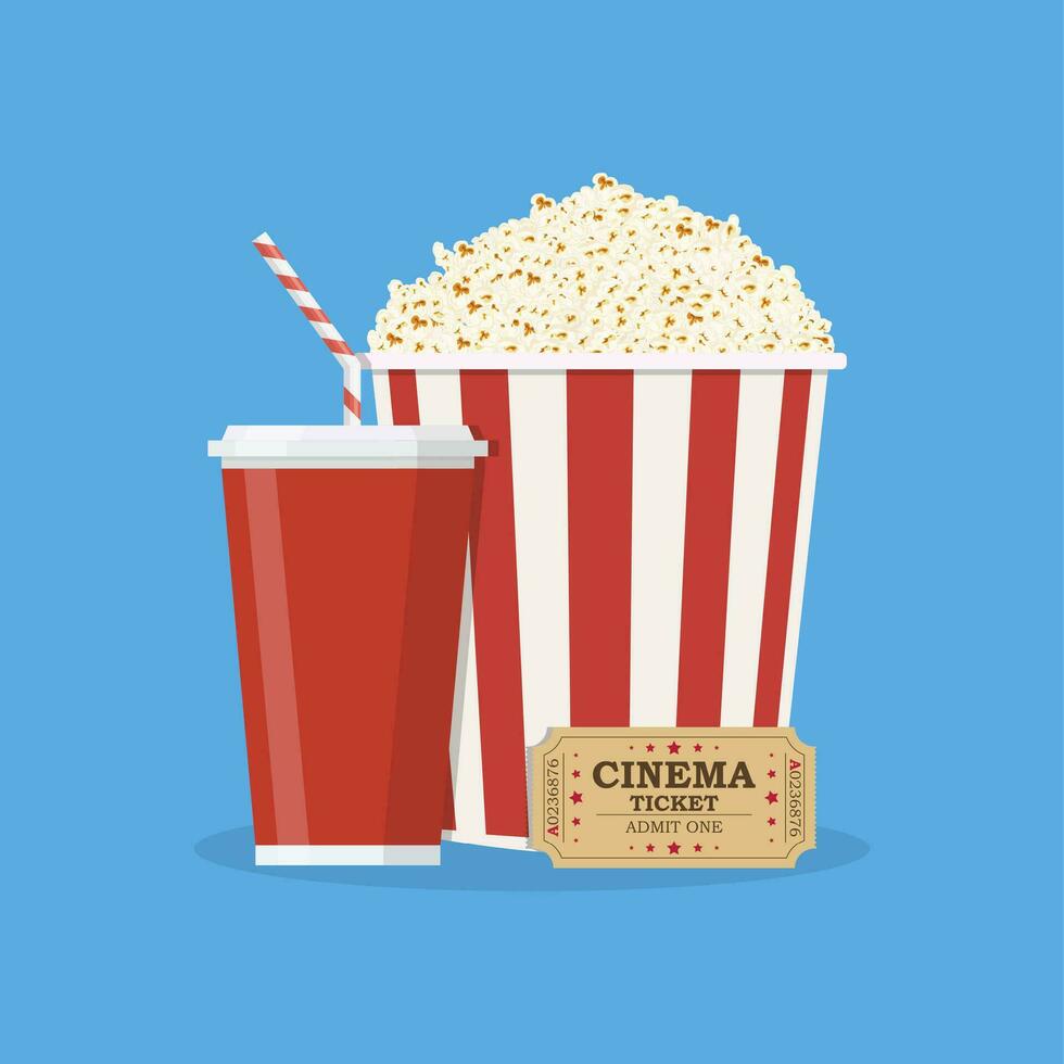 Popcorn con tazza di bibita e cinema biglietto. vettore
