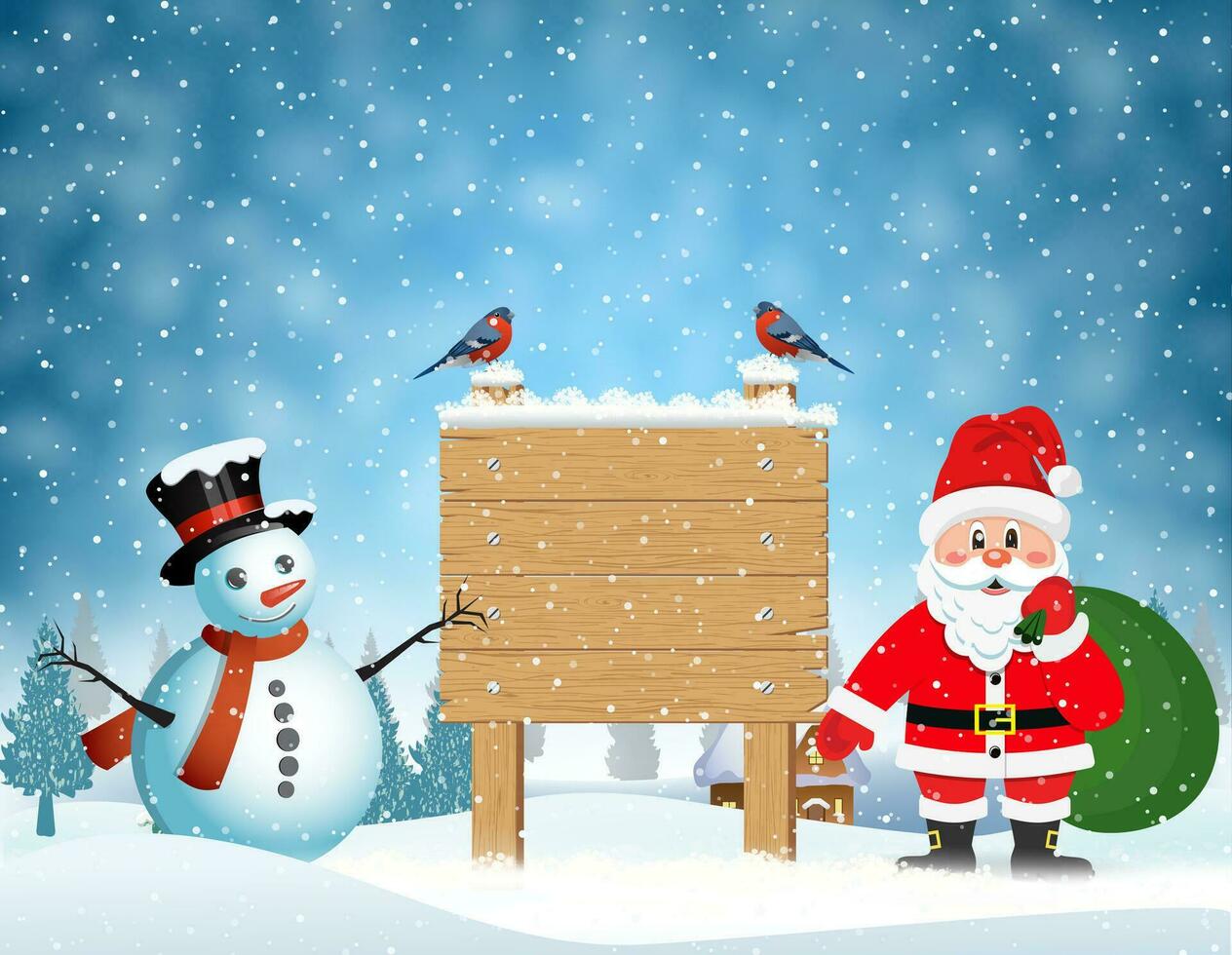 Santa Claus con regalo Borsa e pupazzo di neve vettore