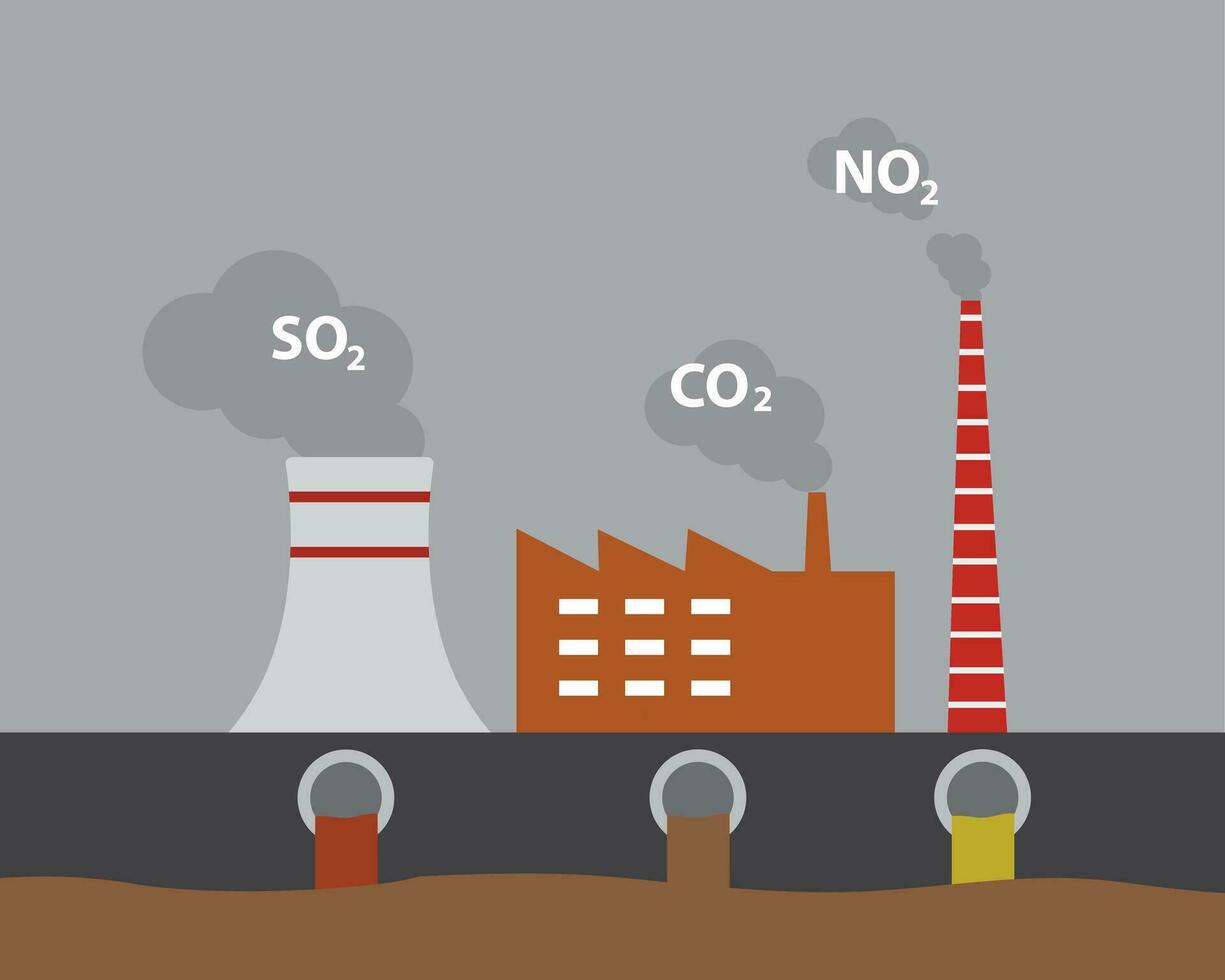 colorato industriale camini con Fumo. cartone animato tubi con vapore di energia energia pianta. industria fabbrica e inquinamento concetto. vettore illustrazione