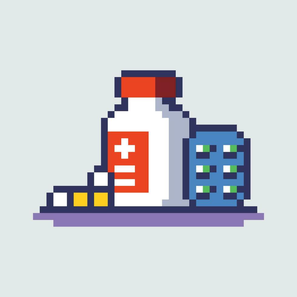 pixel arte di pillole e medicina su un' tavolo vettore