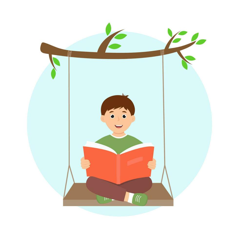 carino ragazzo lettura libro seduta su oscillazione. scorta volta, relax, passatempo e estate tempo tempo libero. vettore illustrazione