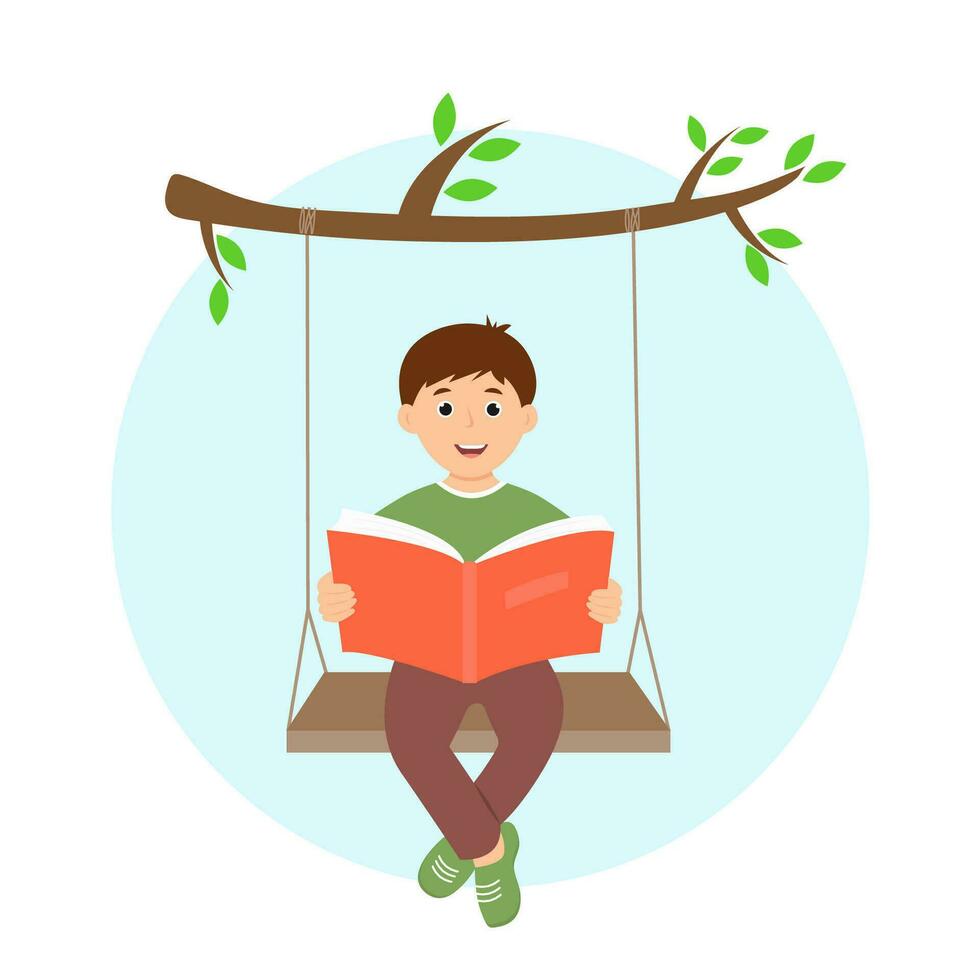 carino ragazzo lettura libro seduta su oscillazione. scorta volta, relax, passatempo e estate tempo tempo libero. vettore illustrazione