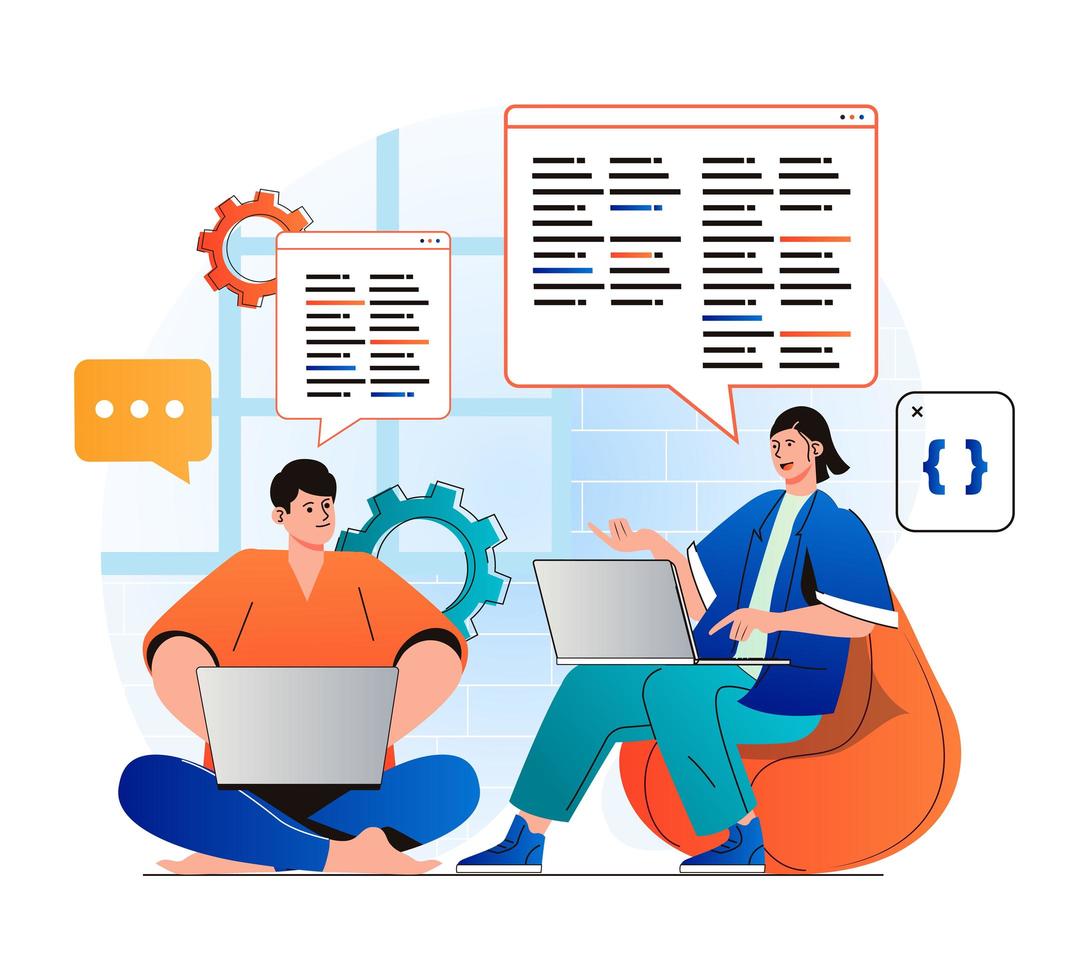 programmazione del concetto di lavoro in un moderno design piatto. il team di sviluppatori crea software, fa brainstorming e lavora insieme in ufficio. sviluppo, ottimizzazione e test di app. illustrazione vettoriale