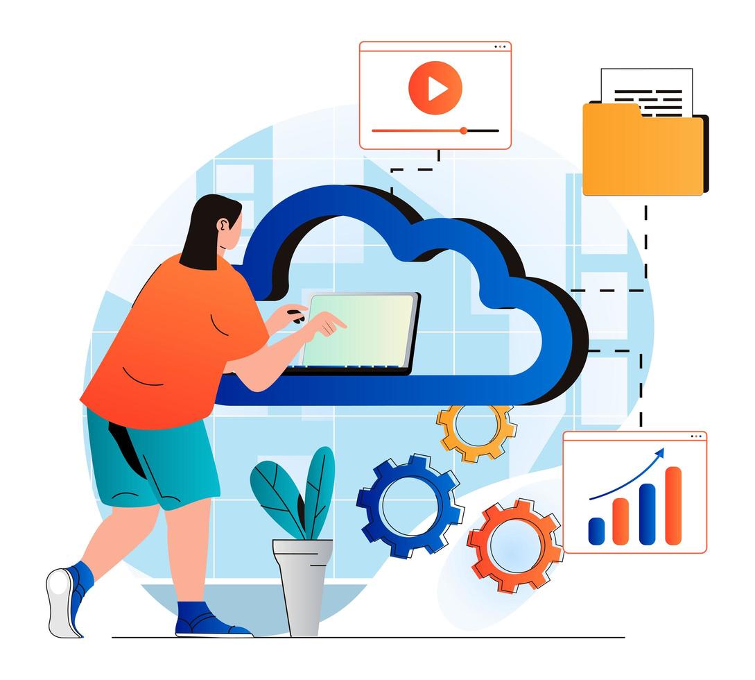 concetto di cloud computing in moderno design piatto. la donna lavora al laptop e utilizza le tecnologie cloud per archiviare ed elaborare i dati. connessione al server, trasferimento di informazioni, supporto tecnico. illustrazione vettoriale