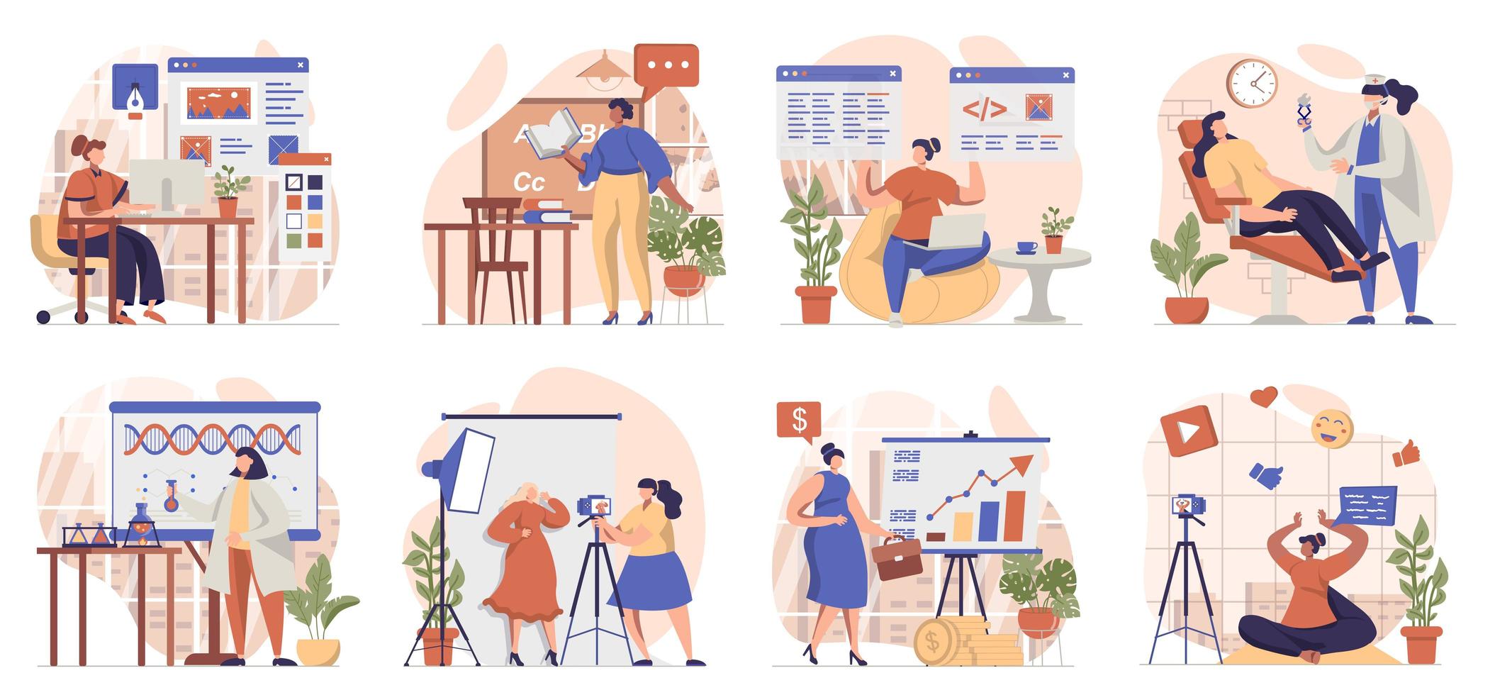 donne che lavorano raccolta di scene isolate. le persone lavorano in diverse professioni o occupazioni, ambientate in un design piatto. illustrazione vettoriale per blog, sito Web, app mobile, materiali promozionali.