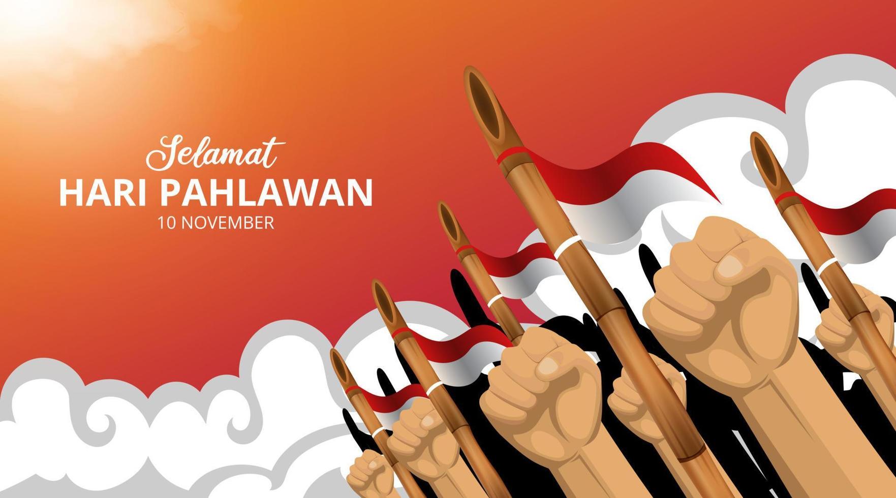 hari pahlawan o indonesia sfondo del giorno degli eroi con il pugno e affilare l'illustrazione di bambù vettore