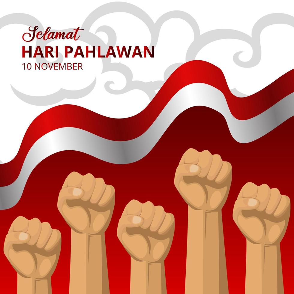 hari pahlawan o indonesia sfondo del giorno degli eroi con sventolando bandiera e illustrazione di pugni vettore