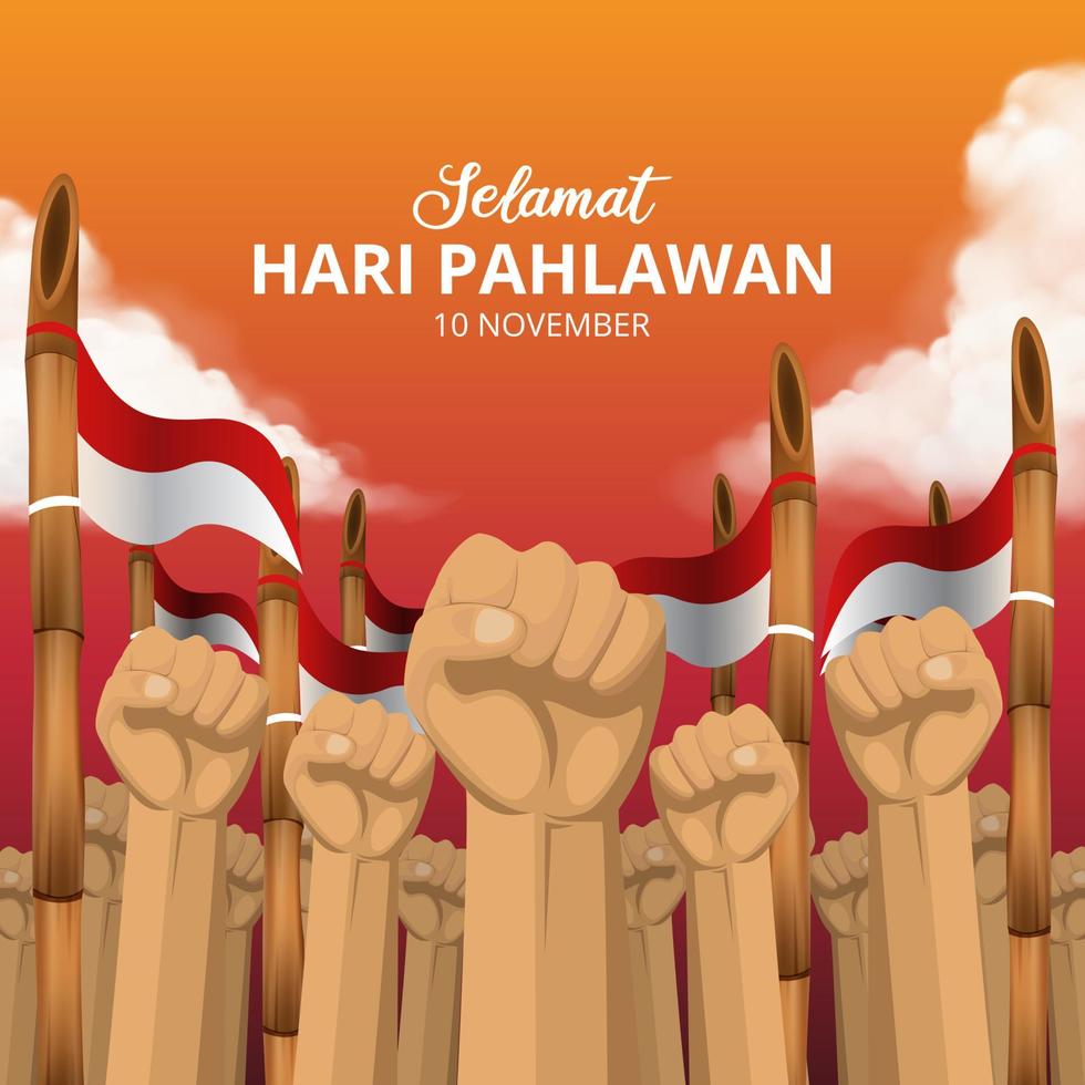 hari pahlawan nasional o indonesia sfondo del giorno degli eroi con il pugno e affilare l'illustrazione di bambù vettore