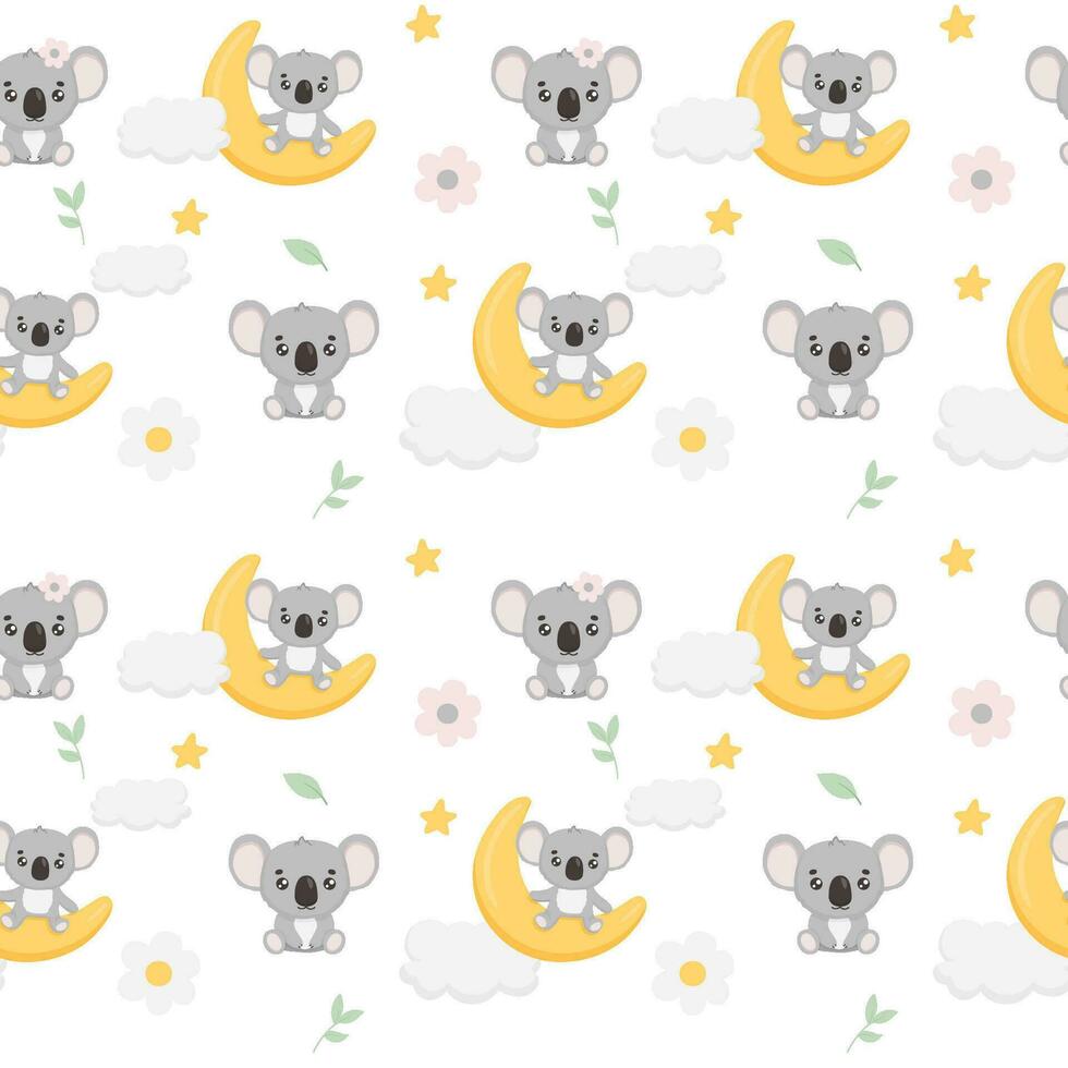 senza soluzione di continuità modello con carino koala su mezzaluna Luna e stelle. divertente infantile sfondo per tessuto, asilo sfondo. mano disegnato bambino koala vettore