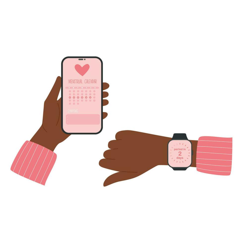 africano nero femmina mano detiene Telefono con un' mestruazione calendario App con sincronizzazione con inteligente orologio vettore