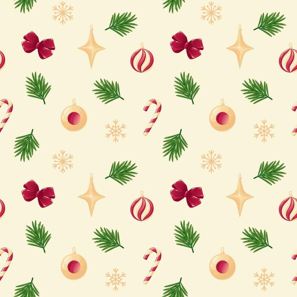 Natale senza soluzione di continuità modello con rosso arco, caramella canna, pino ramo, Natale albero ornamenti, fiocchi di neve. vettore sfondo con Natale decorazione illustrazioni