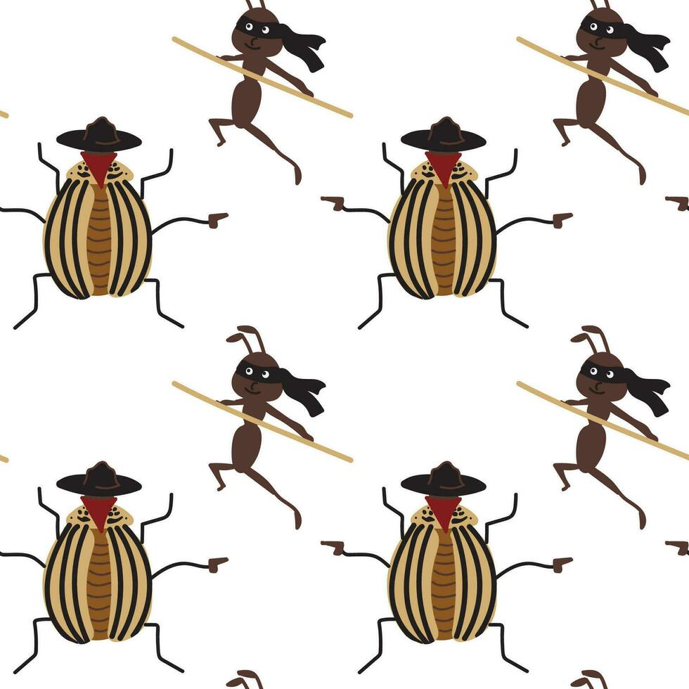 ninja formica e Colorado scarafaggio bandito a partire dal il selvaggio ovest. Due carino personaggi nel cartone animato stile. senza soluzione di continuità modello. vettore