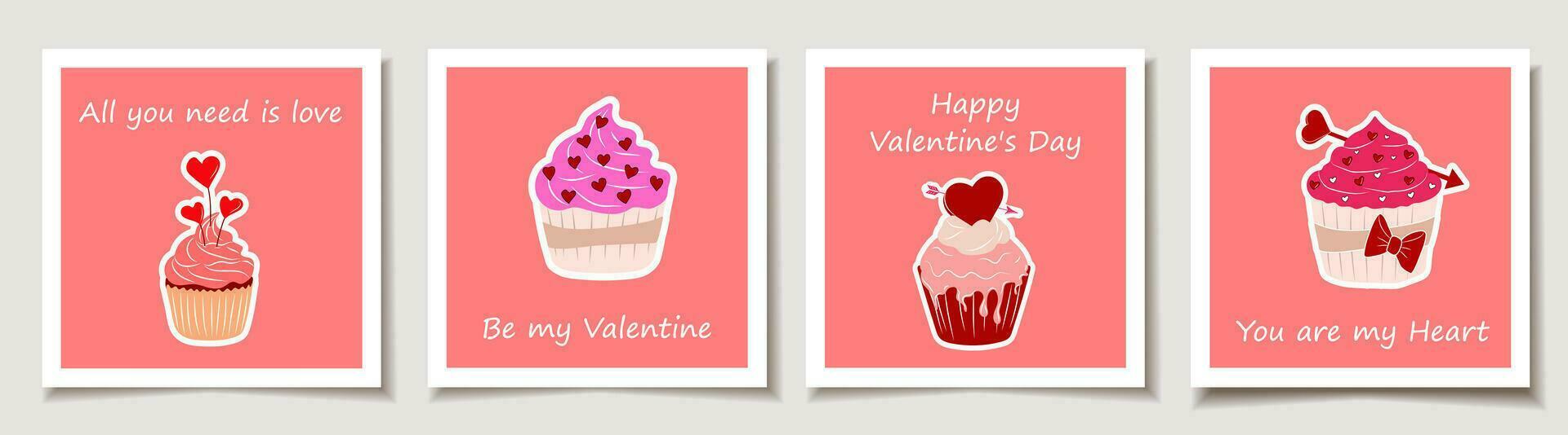 impostato di San Valentino giorno carte con San Valentino giorno cupcake. amore, San Valentino giorno vettore