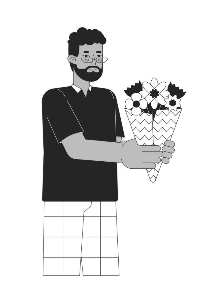 africano americano uomo Tenere mazzo di fiori nero e bianca 2d linea cartone animato carattere. nero adulto maschio isolato vettore schema persona. fiore negozio cliente monocromatico piatto individuare illustrazione