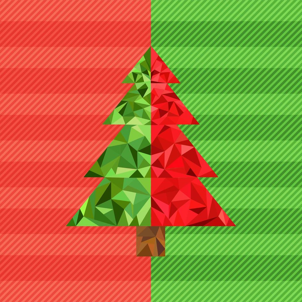 triangolo geometrico astratto low poly art style biglietto di auguri albero di Natale verde e rosso, design poligonale per brochure, riviste, poster, volantini, stampa, annuncio, icona, vettore