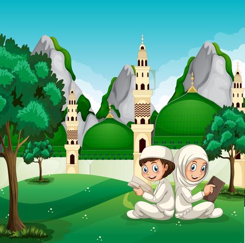 Bambini musulmani che leggono davanti alla bella moschea vettore
