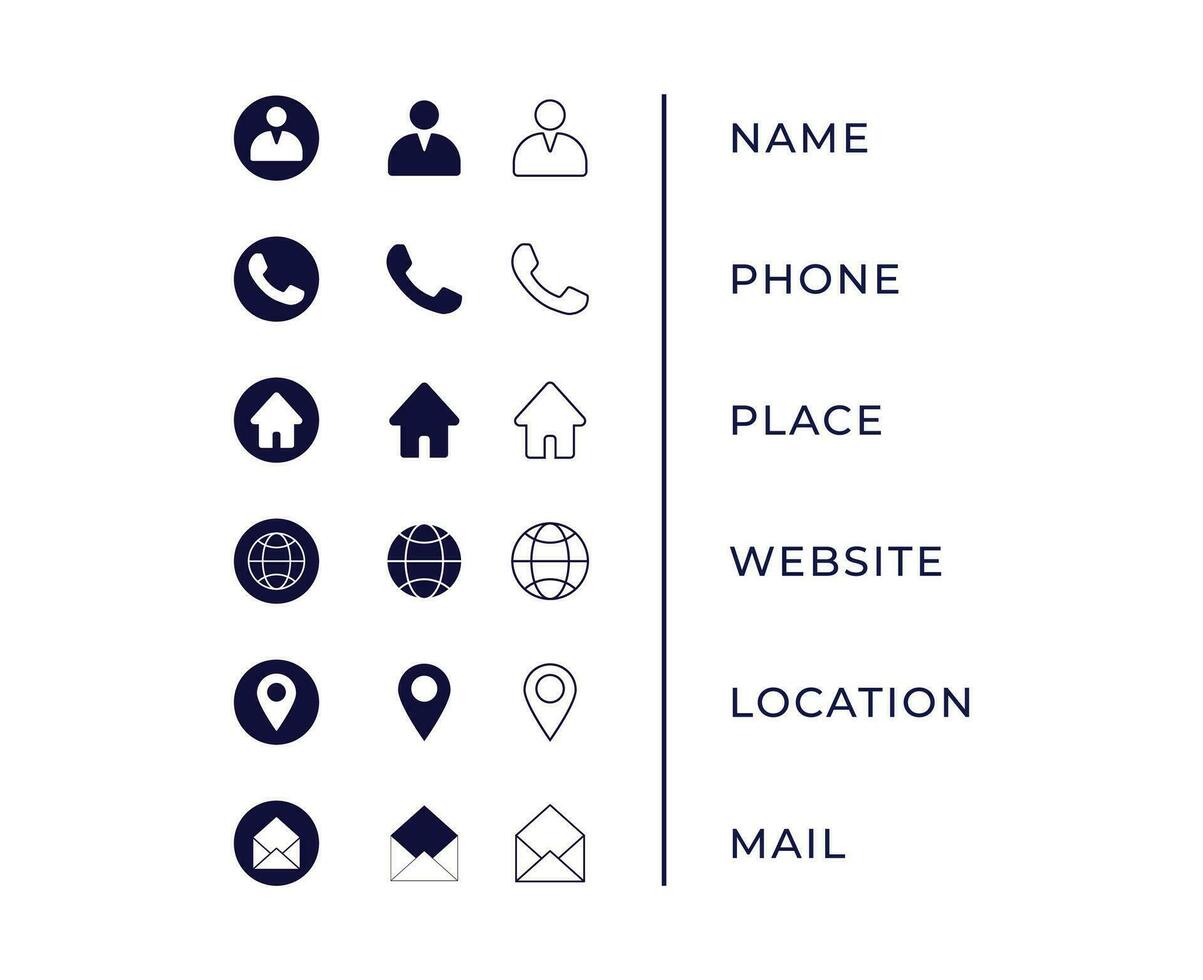 attività commerciale carta icone impostare. contiene icone nome, Telefono, posto, sito web, Posizione, , posta. vettore