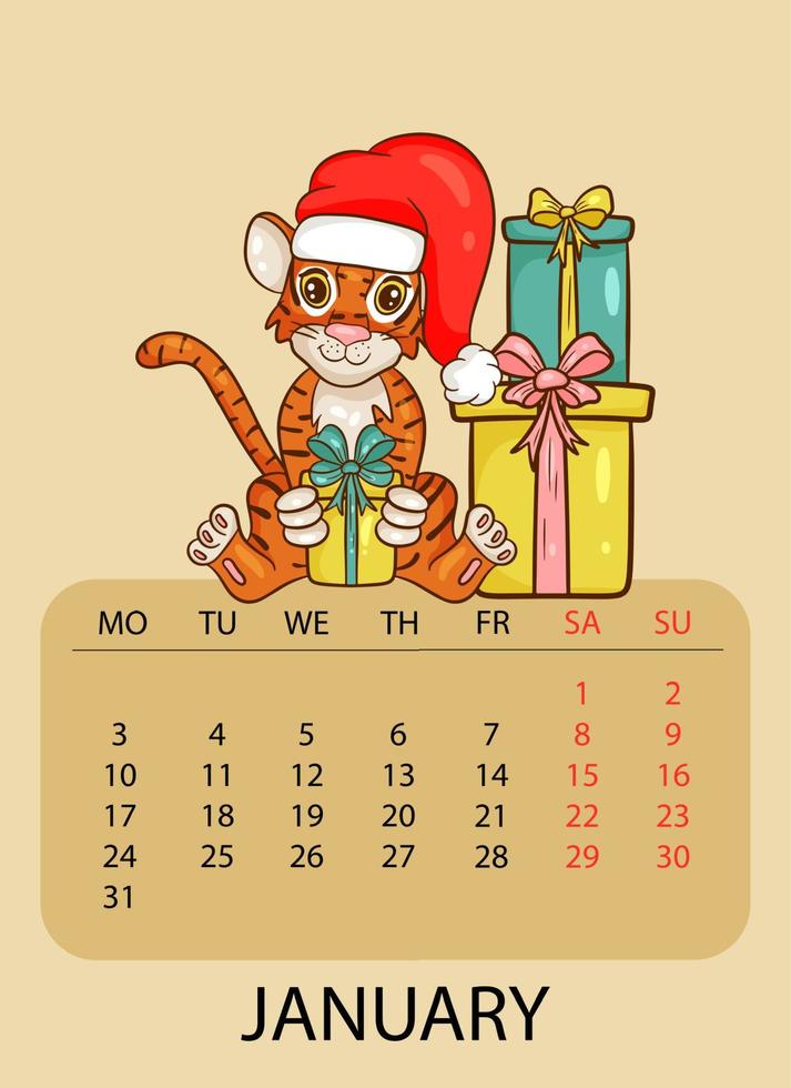 modello di progettazione del calendario per gennaio 2022, l'anno della tigre secondo il calendario cinese, con un'illustrazione della tigre in cappello di babbo natale con regali. tabella con calendario per gennaio 2022. vettore