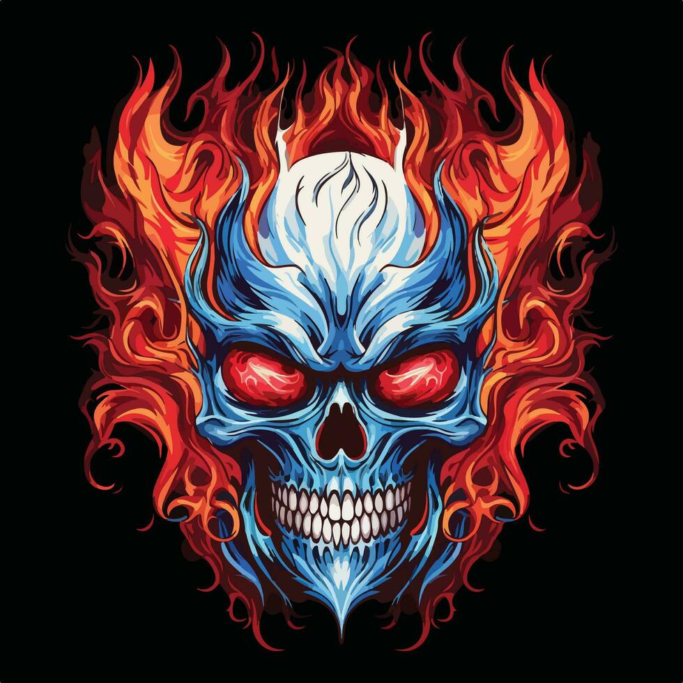 bianca cranio con rosso e blu fiamme vettore