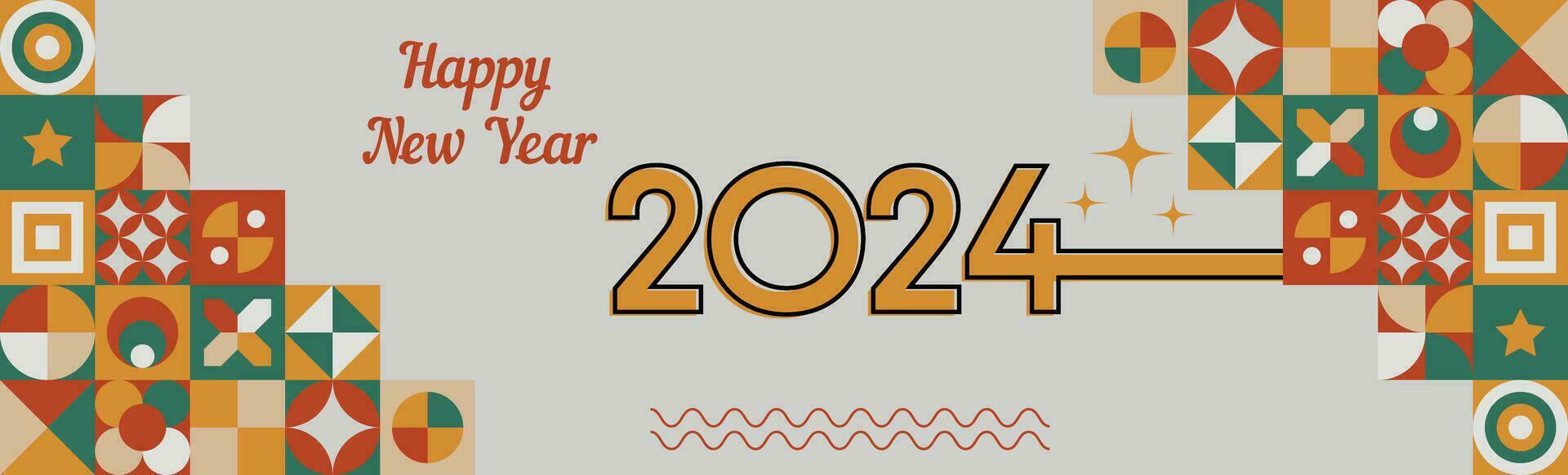 celebrazione contento nuovo anno 2024 copertina con moderno astratto geometrico design nel retrò stile. saluto carta bandiera con tipografia, risplendente colori, e colorato nel vivace vettore illustrazione.